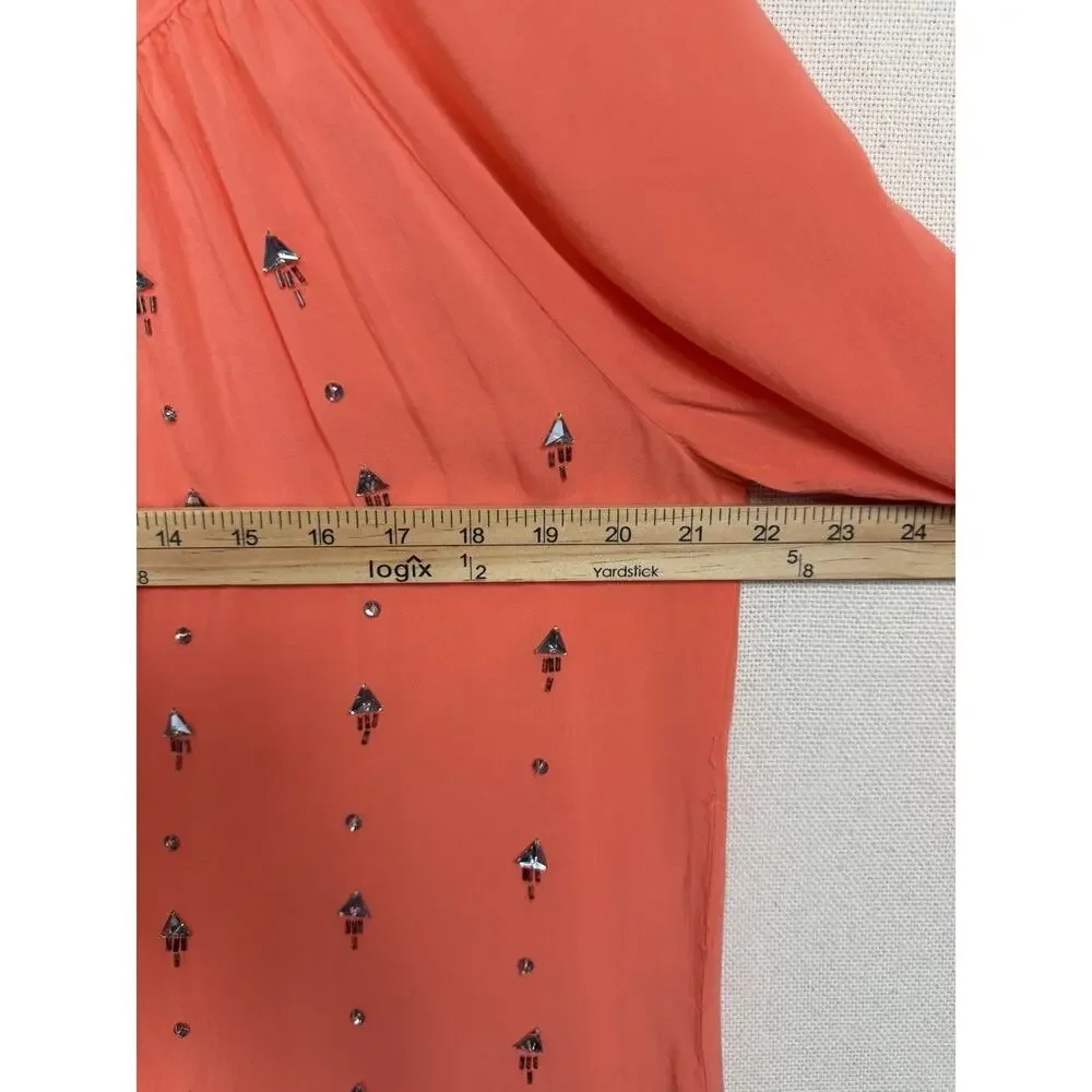 JCP Women’s Top Tunic L Coral Rhinestones 3/4 Sleeves Lightweight Flowy Beach - Picture 12 of 13